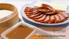  Presentation with duck - PPT theme with chinese-famous-dishes-peking-duck background and a gold colored foreground
