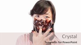  Presentation with spread - Presentation theme enhanced with chinese female with her face spread with chocolate cream isolated on white background background and a soft green colored foreground