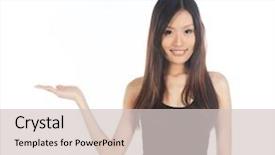  Presentation with hand holding pencil - Slide deck having chinese feminine - asian woman holding background and a  colored foreground