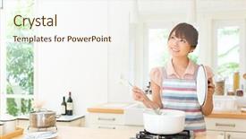  Presentation with kitchen - Audience pleasing slide deck consisting of forestry trees cut stacked wood backdrop and a light blue colored foreground