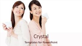 Presentation with coffee - Presentation design having chinese feminine - beautiful young women drinking coffee background and a sky blue colored foreground