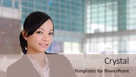  Presentation with feminine - PPT theme with chinese feminine - smiling business woman closeup portrait background and a  colored foreground