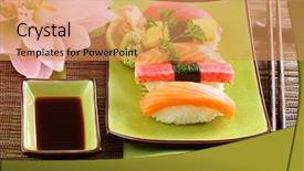  Presentation with japan sushi - Audience pleasing slides consisting of japan traditional food sushi backdrop and a coral colored foreground