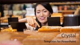  Presentation with chinese food - Presentation theme enhanced with chinese food bakeries - woman selecting baguettes from bread background and a gold colored foreground