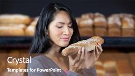  Presentation with chinese food - Audience pleasing slides consisting of chinese food bakeries - woman smelling a baguette backdrop and a tawny brown colored foreground