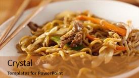  Presentation with chinese food - Beautiful slide deck featuring chinese food - beef lo mein backdrop and a gold colored foreground