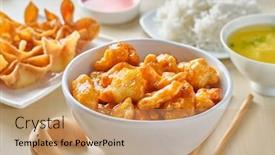  Presentation with fortune cookie - Audience pleasing presentation design consisting of chinese-food-with-orange-chicken backdrop and a coral colored foreground