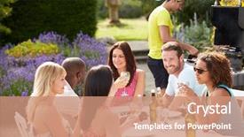  Presentation with friends - Colorful presentation theme enhanced with chinese garden - group of friends having outdoor backdrop and a coral colored foreground