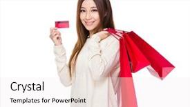  Presentation with credit card - Audience pleasing PPT theme consisting of asian girl wearing - woman hold with red shopping backdrop and a white colored foreground