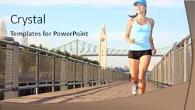  Presentation with health woman running female runner - Amazing presentation theme having smiling happy in old port backdrop and a sky blue colored foreground