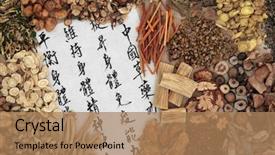  Presentation with maintain - PPT theme featuring chinese herb selection with calligraphy background and a coral colored foreground