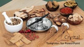  Presentation with chinese medicine - PPT theme enhanced with chinese-herbal-medicine-selection background and a coral colored foreground