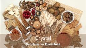  Presentation with traditional medicine medicine - Colorful presentation enhanced with chinese herbs used in traditional herbal medicine on a bamboo mat and cream background flat lay backdrop and a coral colored foreground