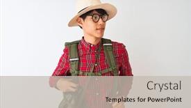  Presentation with canteen - Presentation theme with chinese hiker man wearing backpack canteen glasses hat over isolated white background looking away to side with smile on face natural expression laughing confident background and a soft green colored foreground