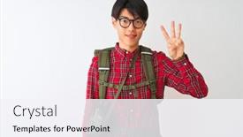  Presentation with backpack - Cool new slide deck with chinese-hiker-man-wearing-backpack backdrop and a sky blue colored foreground