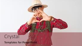  Presentation with canteen - Presentation theme consisting of chinese hiker man wearing backpack canteen glasses hat over isolated white background smiling in love showing heart symbol and shape with hands romantic concept background and a red colored foreground