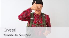  Presentation with canteen - Presentation design with chinese hiker man wearing backpack canteen glasses over isolated white background smiling and laughing with hand on face covering eyes for surprise blind concept background and a sky blue colored foreground