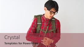  Presentation with canteen - Presentation design enhanced with chinese hiker man wearing backpack canteen glasses over isolated white background with hand on stomach because indigestion painful illness feeling unwell ache concept background and a red colored foreground