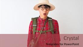  Presentation with canteen - Beautiful slide set featuring chinese hiker man wearing backpack canteen glasses hat over isolated white background afraid and shocked with surprise expression fear and excited face backdrop and a red colored foreground