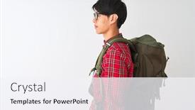  Presentation with canteen - Colorful presentation theme enhanced with chinese hiker man wearing backpack canteen glasses over isolated white background looking to side relax profile pose with natural face with confident smile backdrop and a sky blue colored foreground