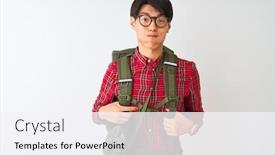  Presentation with canteen - Presentation consisting of chinese hiker man wearing backpack canteen glasses over isolated white background puffing cheeks with funny face mouth inflated with air crazy expression background and a sky blue colored foreground