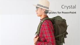  Presentation with canteen - Beautiful presentation design featuring chinese hiker man wearing backpack canteen glasses hat over isolated white background looking to side relax profile pose with natural face with confident smile backdrop and a light gray colored foreground
