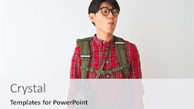  Presentation with canteen - Amazing presentation having chinese hiker man wearing backpack canteen glasses over isolated white background making fish face with lips crazy and comical gesture funny expression backdrop and a sky blue colored foreground