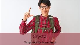  Presentation with canteen - Colorful presentation design enhanced with chinese hiker man wearing backpack canteen glasses over isolated white background smiling and confident gesturing with hand doing small size sign with fingers looking and the camera measure concept backdrop and a red colored foreground