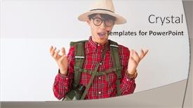  Presentation with canteen - Presentation theme consisting of chinese hiker man wearing backpack canteen glasses hat over isolated white background celebrating mad and crazy for success with arms raised and closed eyes screaming excited winner concept background and a light gray colored foreground