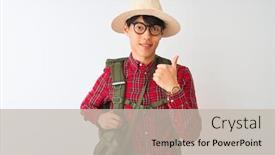  Presentation with canteen - Colorful presentation theme enhanced with chinese hiker man wearing backpack canteen glasses hat over isolated white background doing happy thumbs up gesture with hand approving expression looking at the camera with showing success backdrop and a light gray colored foreground