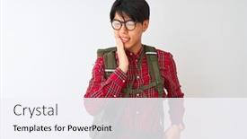  Presentation with canteen - Slide set having chinese hiker man wearing backpack canteen glasses over isolated white background touching mouth with hand with painful expression because of toothache or dental illness on teeth dentist concept background and a sky blue colored foreground