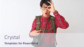  Presentation with canteen - Colorful presentation enhanced with chinese hiker man wearing backpack canteen glasses over isolated white background doing ok gesture shocked with surprised face eye looking through fingers unbelieving expression backdrop and a sky blue colored foreground