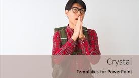  Presentation with canteen - Amazing PPT layouts having chinese hiker man wearing backpack canteen glasses over isolated white background begging and praying with hands together with hope expression on face very emotional and worried asking backdrop and a coral colored foreground