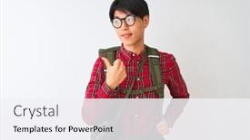  Presentation with canteen - Slides having chinese-hiker-man-wearing-backpack background and a sky blue colored foreground