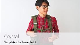  Presentation with canteen - PPT layouts having chinese-hiker-man-wearing-backpack background and a sky blue colored foreground