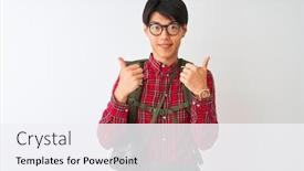  Presentation with canteen - Audience pleasing PPT theme consisting of chinese-hiker-man-wearing-backpack backdrop and a sky blue colored foreground