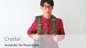  Presentation with canteen - Theme consisting of chinese-hiker-man-wearing-backpack background and a sky blue colored foreground