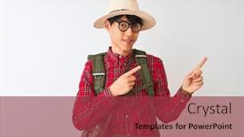  Presentation with canteen - Presentation theme enhanced with chinese-hiker-man-wearing-backpack background and a red colored foreground