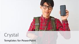  Presentation with canteen - Cool new PPT layouts with chinese hiker man wearing canteen holding smartphone over isolated white background with a happy face standing and smiling with a confident smile showing teeth backdrop and a sky blue colored foreground