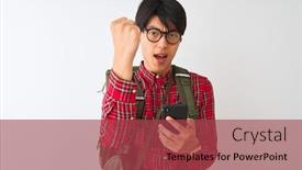  Presentation with canteen - Amazing presentation design having chinese hiker man wearing canteen using smartphone over isolated white background annoyed and frustrated shouting with anger crazy and yelling with raised hand anger concept backdrop and a red colored foreground