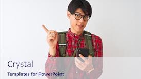  Presentation with canteen - Amazing presentation design having chinese hiker man wearing canteen using smartphone over isolated white background very happy pointing with hand and finger to the side backdrop and a sky blue colored foreground