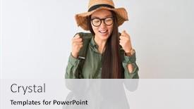 Presentation with canteen - Slide set consisting of chinese hiker woman wearing canteen hat glasses backpack over isolated white background excited for success with arms raised and eyes closed celebrating victory smiling winner concept background and a white colored foreground