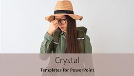  Presentation with canteen - Presentation design consisting of chinese hiker woman wearing canteen hat glasses backpack over isolated white background tired rubbing nose and eyes feeling fatigue and headache stress and frustration concept background and a mint green colored foreground