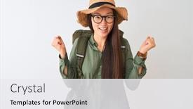  Presentation with canteen - Slide set enhanced with chinese hiker woman wearing canteen hat glasses backpack over isolated white background celebrating surprised and amazed for success with arms raised and open eyes winner concept background and a white colored foreground