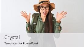  Presentation with canteen - Presentation consisting of chinese hiker woman wearing canteen hat glasses backpack over isolated white background celebrating crazy and amazed for success with arms raised and open eyes screaming excited winner concept background and a white colored foreground