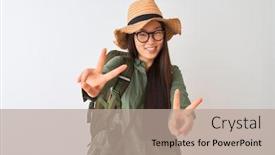  Presentation with canteen - PPT theme with chinese hiker woman wearing canteen hat glasses backpack over isolated white background smiling looking to the camera showing fingers doing victory sign number two background and a coral colored foreground