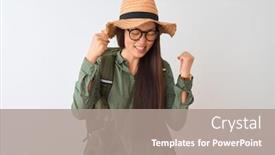  Presentation with canteen - Colorful presentation design enhanced with chinese-hiker-woman-wearing-canteen backdrop and a gray colored foreground