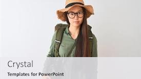  Presentation with canteen - Slide deck featuring chinese-hiker-woman-wearing-canteen background and a white colored foreground