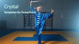  Presentation with sword - Presentation design having chinese kungfu - female wushu fighter with sword background and a ocean colored foreground