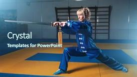  Presentation with sword - Presentation featuring chinese kungfu - female wushu fighter with sword background and a ocean colored foreground